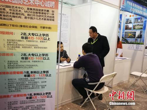 2018年北京春季综合人才招聘会现场,一名男子在某企业展台前咨询。中新网
